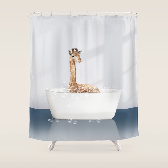 Baby Giraffe in a Bathtub Blue BG, Giraffe Taking a Bath, Bathtub Animal Art Print By Synplus Shower Curtain Gallery Image 1