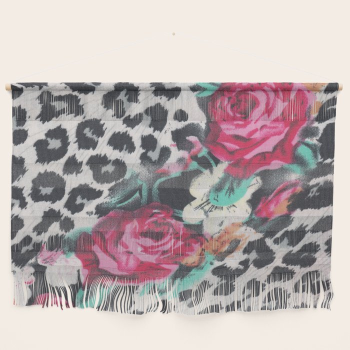 Vintage black white pink floral cheetah animal print Wall Hanging Gallery Image 1