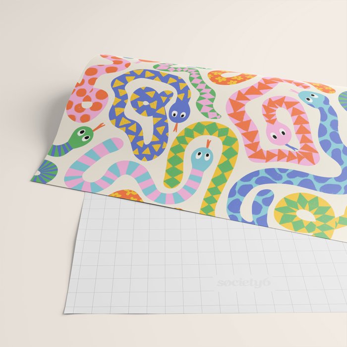 Happy Snakes Light - Bright Rainbow Textured Snakes With Funky Geometric Patterns on Cream Wrapping Paper Gallery Image 2