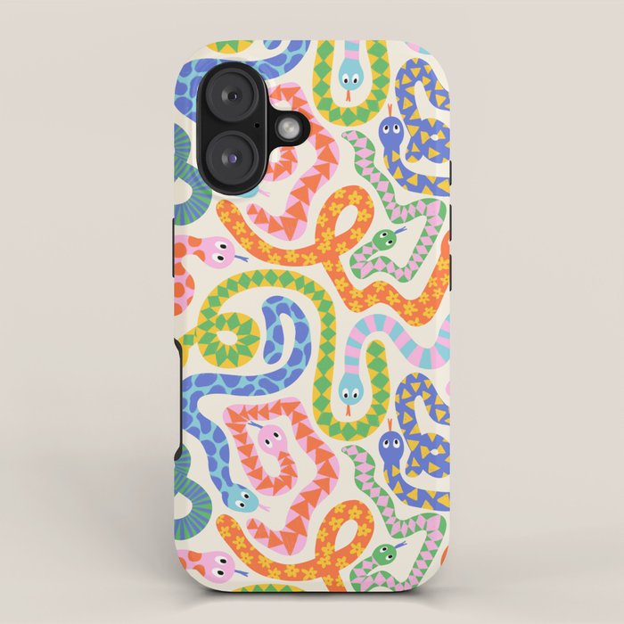 Happy Snakes Light - Bright Rainbow Textured Snakes With Funky Geometric Patterns on Cream iPhone Case Gallery Image 1