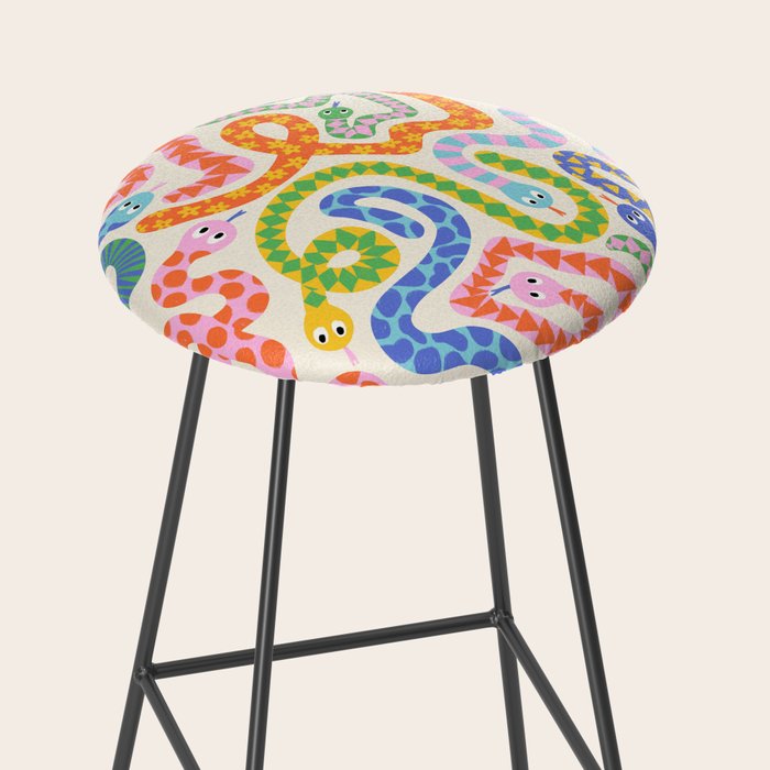 Happy Snakes Light - Bright Rainbow Textured Snakes With Funky Geometric Patterns on Cream Stool Gallery Image 2