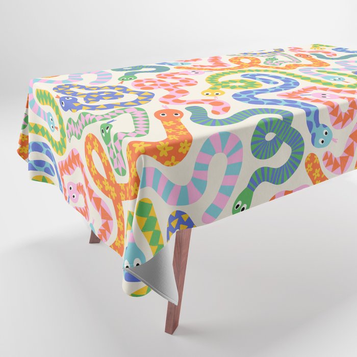 Happy Snakes Light - Bright Rainbow Textured Snakes With Funky Geometric Patterns on Cream Tablecloth Gallery Image 1