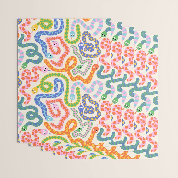 Happy Snakes Light - Bright Rainbow Textured Snakes With Funky Geometric Patterns on Cream Wrapping Paper Gallery Image 3