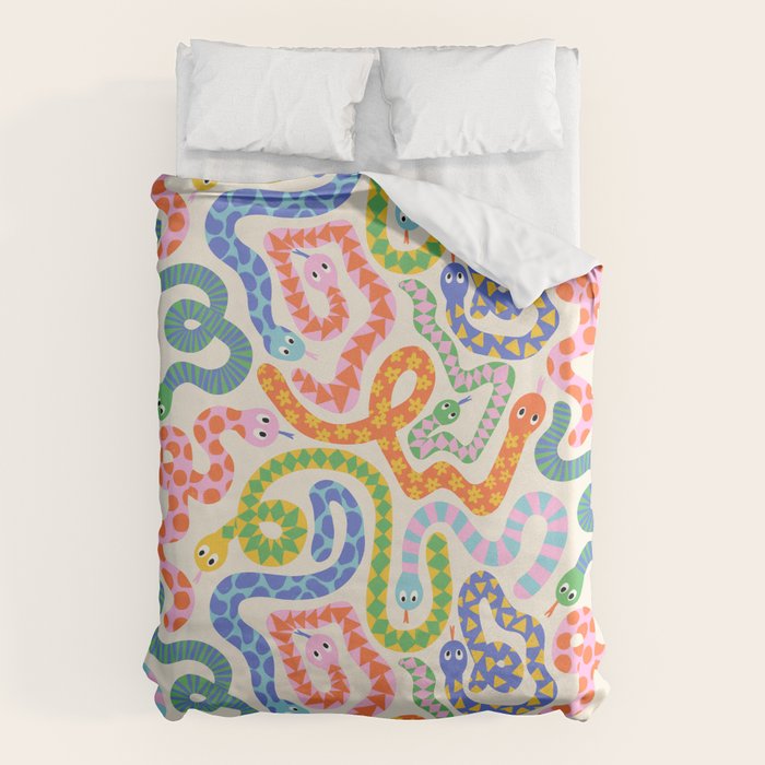 Happy Snakes Light - Bright Rainbow Textured Snakes With Funky Geometric Patterns on Cream Duvet Cover Gallery Image 6