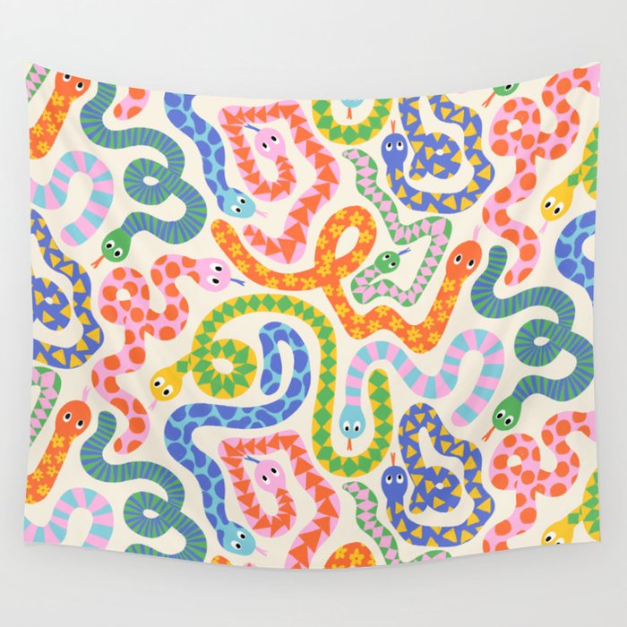 Happy Snakes Light - Bright Rainbow Textured Snakes With Funky Geometric Patterns on Cream Wall Tapestry Gallery Image 4