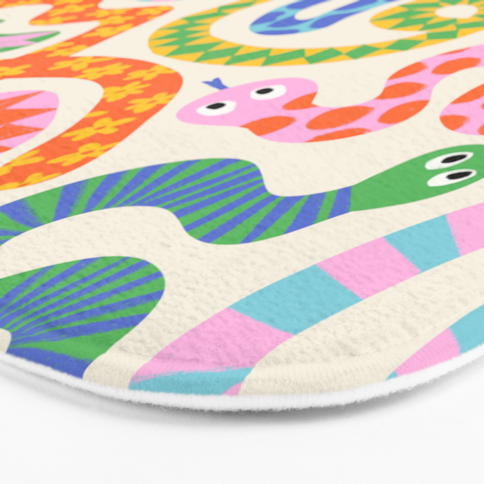 Happy Snakes Light - Bright Rainbow Textured Snakes With Funky Geometric Patterns on Cream Bath Mat Gallery Image 3