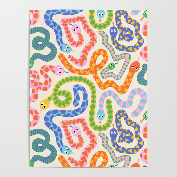 Happy Snakes Light - Bright Rainbow Textured Snakes With Funky Geometric Patterns on Cream Poster Gallery Image 4