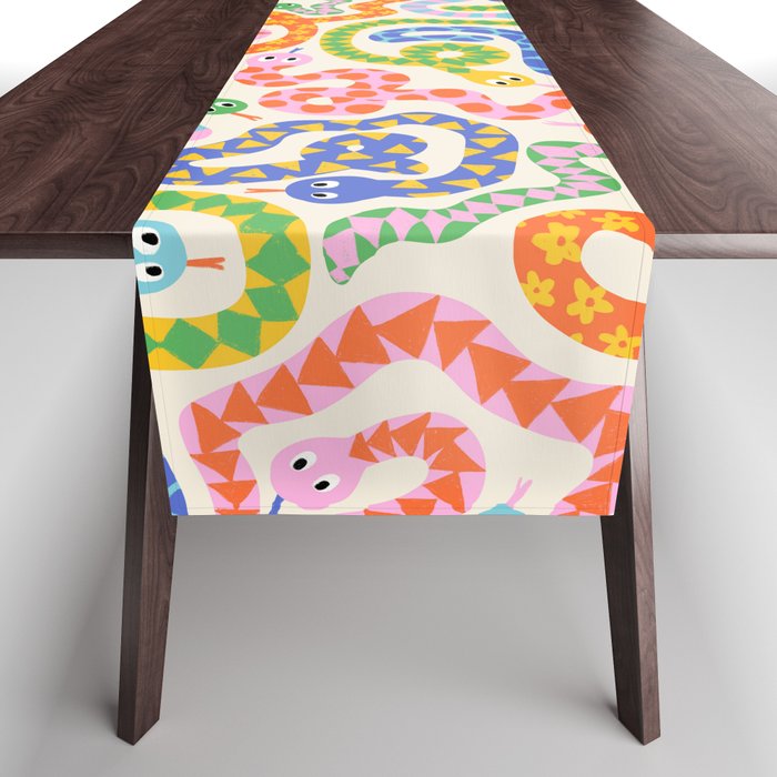 Happy Snakes Light - Bright Rainbow Textured Snakes With Funky Geometric Patterns on Cream Table Runner Gallery Image 1