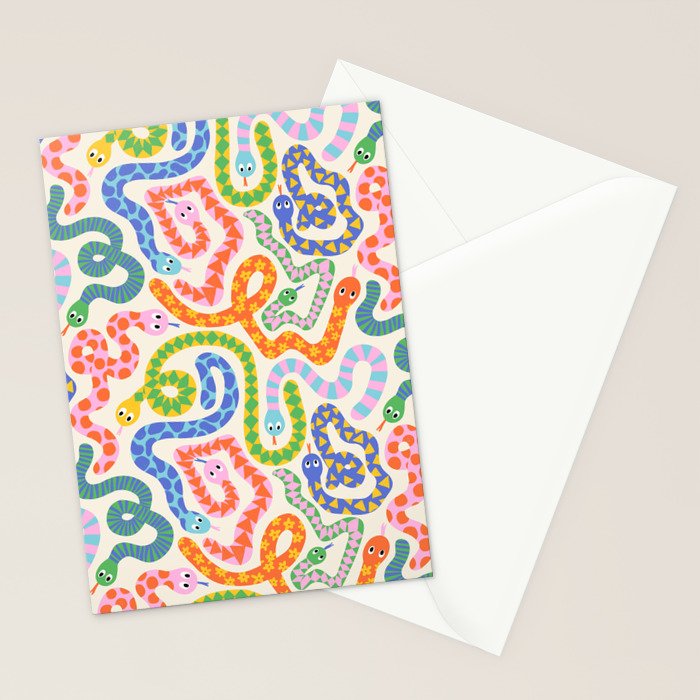 Happy Snakes Light - Bright Rainbow Textured Snakes With Funky Geometric Patterns on Cream Stationery Card Gallery Image 2