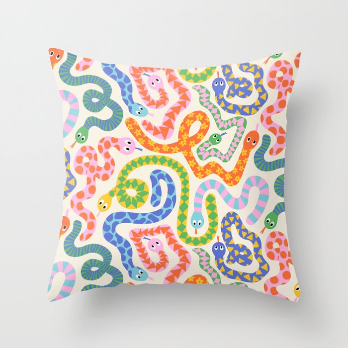 Happy Snakes Light - Bright Rainbow Textured Snakes With Funky Geometric Patterns on Cream Throw Pillow Gallery Image 6