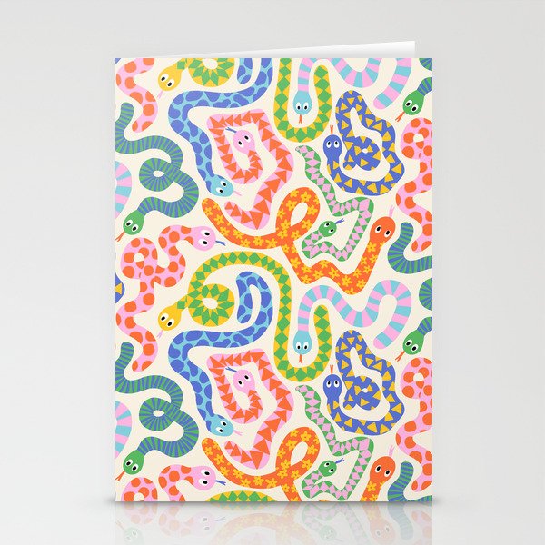 Happy Snakes Light - Bright Rainbow Textured Snakes With Funky Geometric Patterns on Cream Stationery Card Gallery Image 2