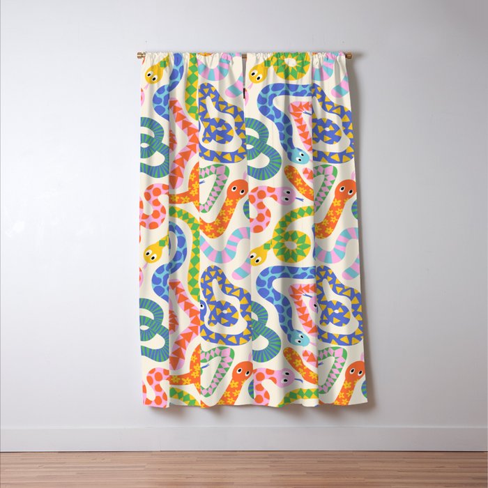 Happy Snakes Light - Bright Rainbow Textured Snakes With Funky Geometric Patterns on Cream Window Curtain Gallery Image 3