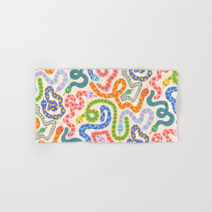 Happy Snakes Light - Bright Rainbow Textured Snakes With Funky Geometric Patterns on Cream Bath Towel Gallery Image 1