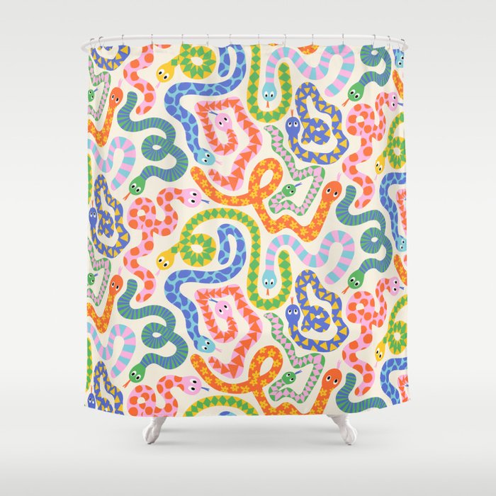 Happy Snakes Light - Bright Rainbow Textured Snakes With Funky Geometric Patterns on Cream Shower Curtain Gallery Image 1