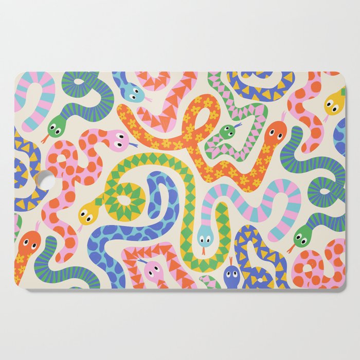 Happy Snakes Light - Bright Rainbow Textured Snakes With Funky Geometric Patterns on Cream Cutting Board Gallery Image 1