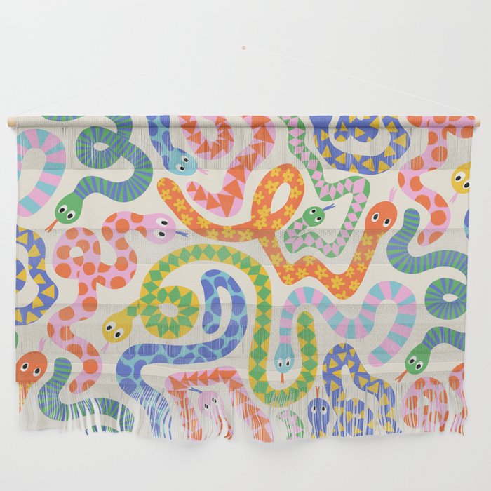 Happy Snakes Light - Bright Rainbow Textured Snakes With Funky Geometric Patterns on Cream Wall Hanging
