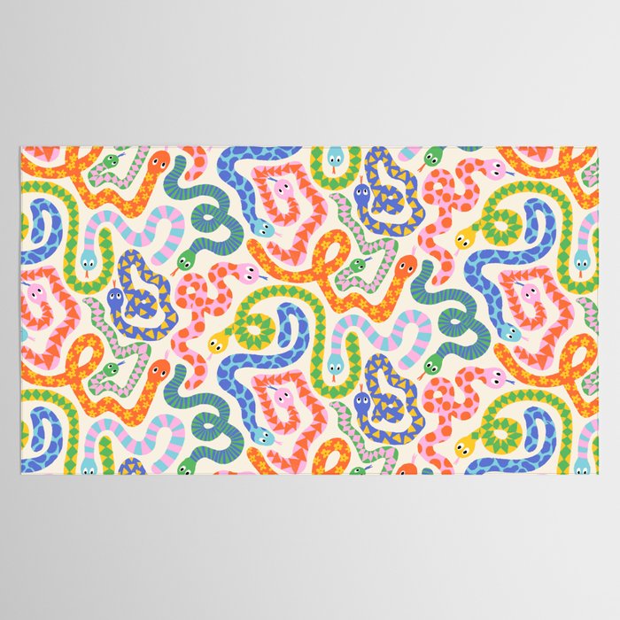 Happy Snakes Light - Bright Rainbow Textured Snakes With Funky Geometric Patterns on Cream Tablecloth Gallery Image 2