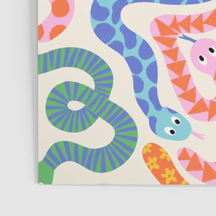 Happy Snakes Light - Bright Rainbow Textured Snakes With Funky Geometric Patterns on Cream Poster Gallery Image 3