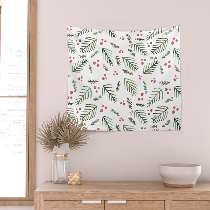 Christmas tree branches and berries - vintage Wall Tapestry Gallery Image 2