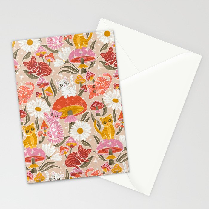 Kittens & Shrooms - Pink & Coral on Cream Stationery Card Gallery Image 2