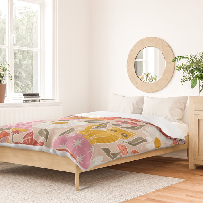 Kittens & Shrooms - Pink & Coral on Cream Duvet Cover Gallery Image 2