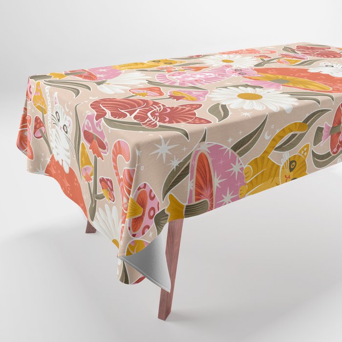 Kittens & Shrooms - Pink & Coral on Cream Tablecloth Gallery Image 1