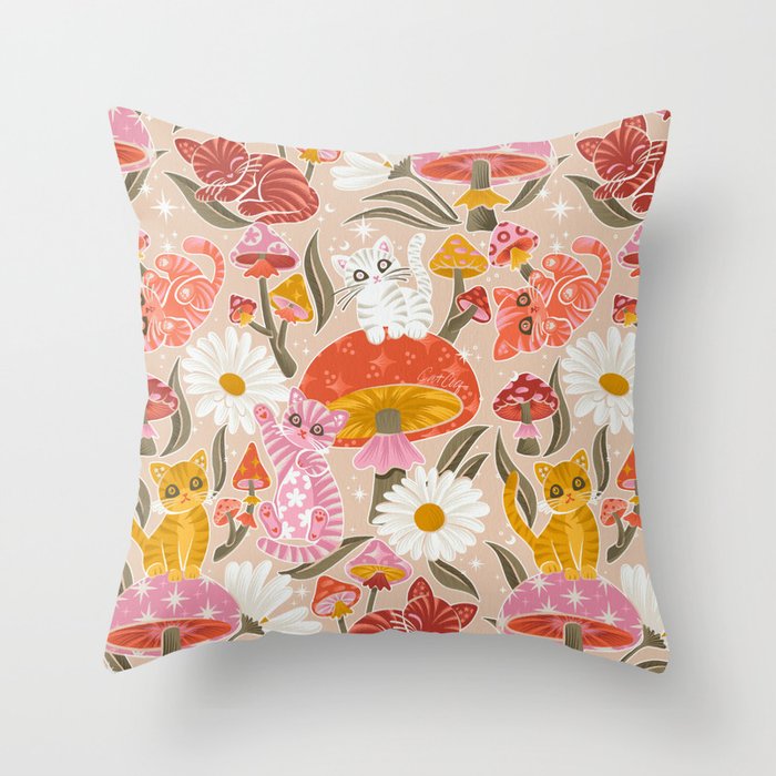 Kittens & Shrooms - Pink & Coral on Cream Throw Pillow Gallery Image 1