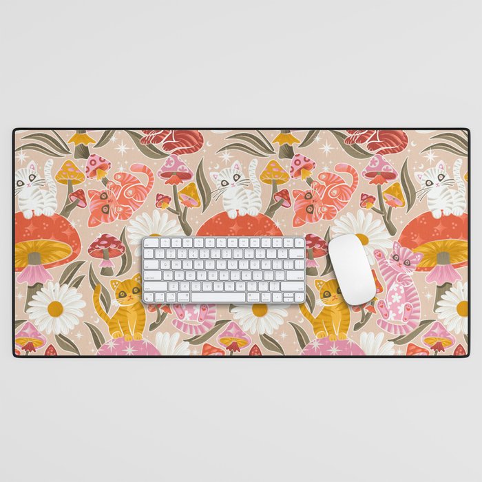Kittens & Shrooms - Pink & Coral on Cream Desk Mat Gallery Image 1