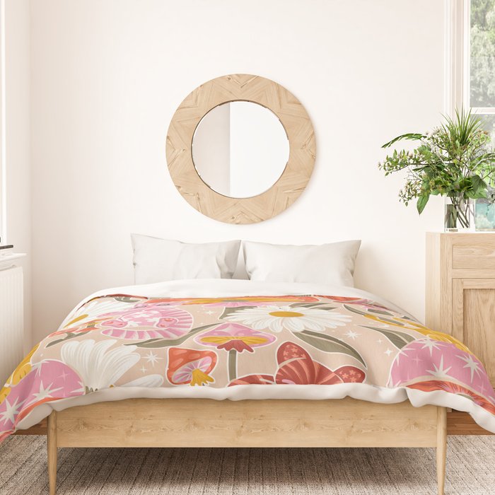 Kittens & Shrooms - Pink & Coral on Cream Duvet Cover Gallery Image 3