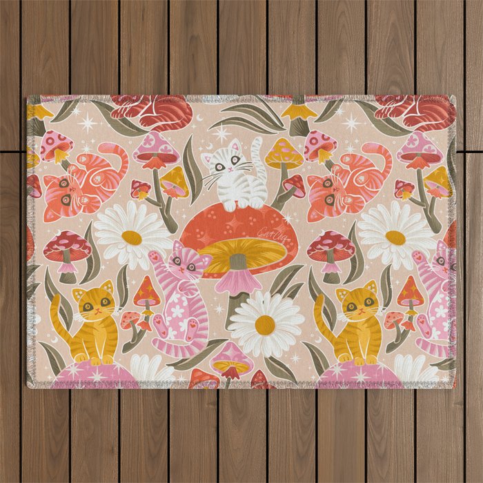Kittens & Shrooms - Pink & Coral on Cream Outdoor Rug Gallery Image 1