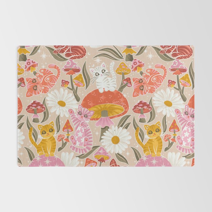Kittens & Shrooms - Pink & Coral on Cream Rug Gallery Image 2