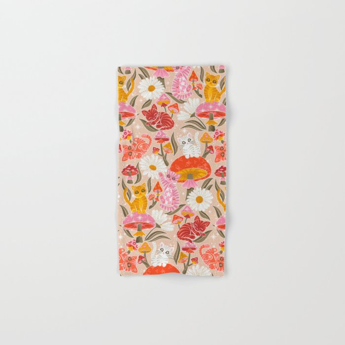 Kittens & Shrooms - Pink & Coral on Cream Bath Towel Gallery Image 1