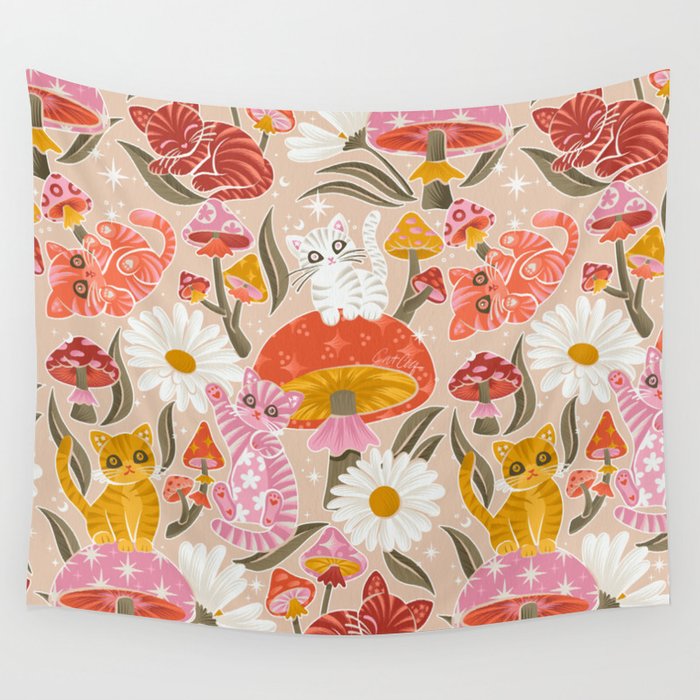Kittens & Shrooms - Pink & Coral on Cream Wall Tapestry Gallery Image 1