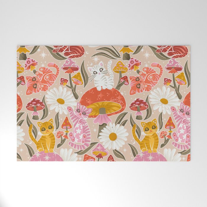 Kittens & Shrooms - Pink & Coral on Cream Welcome Mat Gallery Image 1