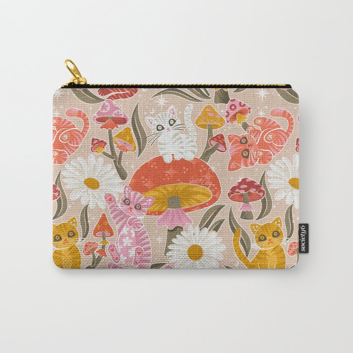 Kittens & Shrooms - Pink & Coral on Cream Carry All Pouch Gallery Image 1
