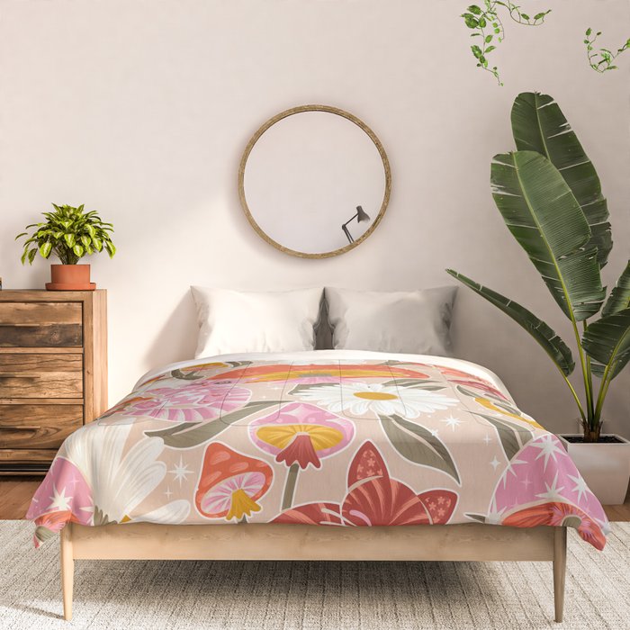Kittens & Shrooms - Pink & Coral on Cream Comforter Gallery Image 3