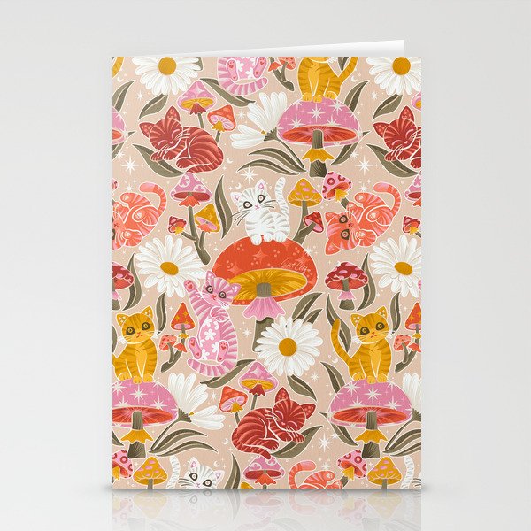Kittens & Shrooms - Pink & Coral on Cream Stationery Card Gallery Image 1