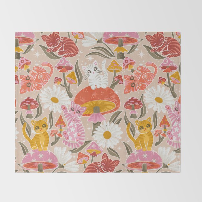 Kittens & Shrooms - Pink & Coral on Cream Throw Blanket Gallery Image 2