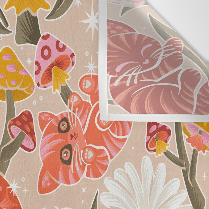Kittens & Shrooms - Pink & Coral on Cream Wall Tapestry Gallery Image 3