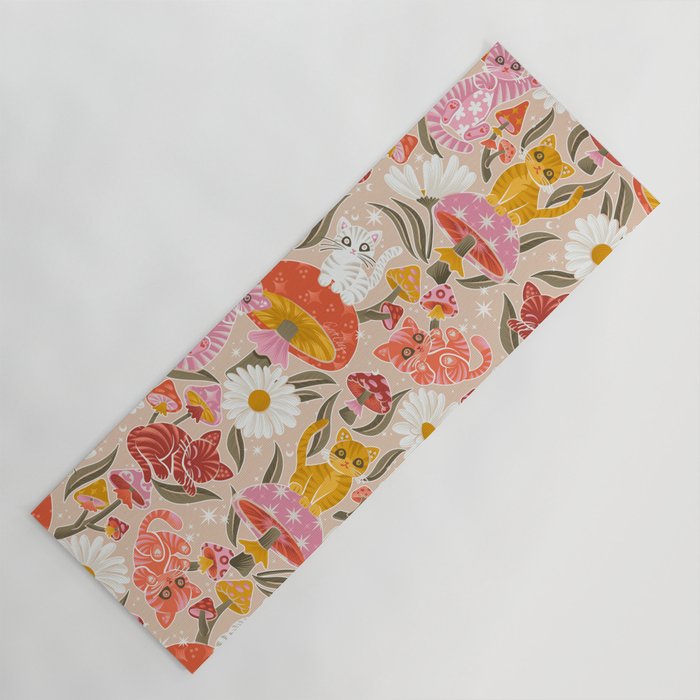 Kittens & Shrooms - Pink & Coral on Cream Yoga Mat Gallery Image 1