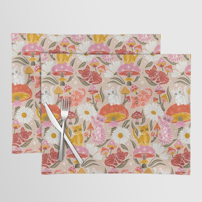 Kittens & Shrooms - Pink & Coral on Cream Placemat Gallery Image 1