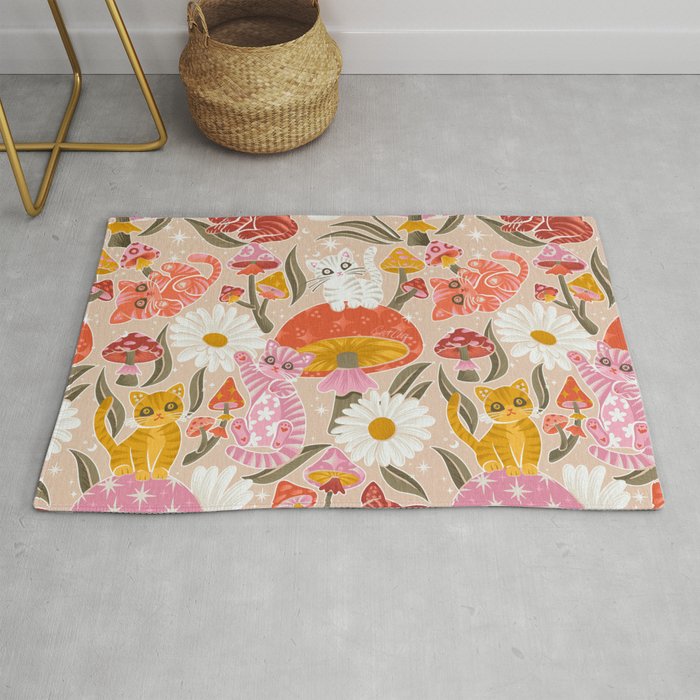 Kittens & Shrooms - Pink & Coral on Cream Rug Gallery Image 1