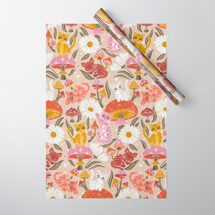 Kittens & Shrooms - Pink & Coral on Cream Wrapping Paper Gallery Image 1