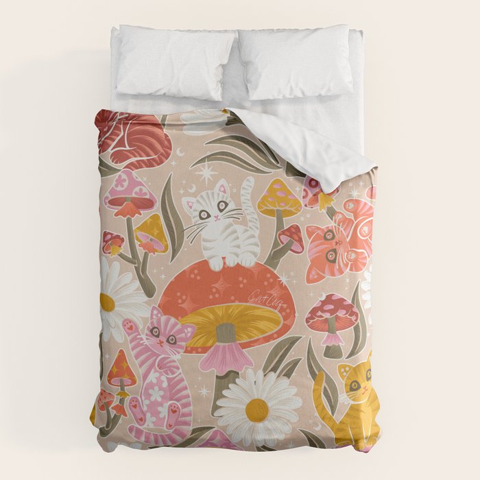 Kittens & Shrooms - Pink & Coral on Cream Duvet Cover Gallery Image 6
