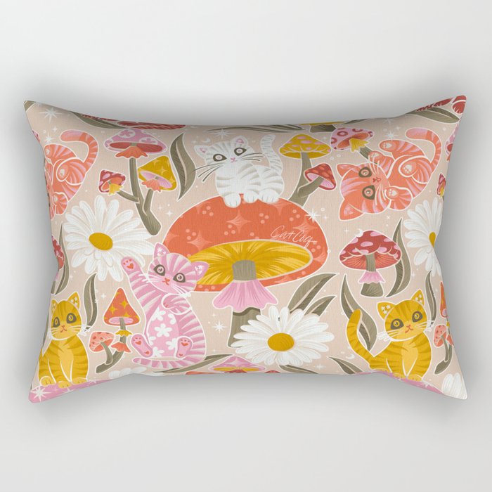 Kittens & Shrooms - Pink & Coral on Cream Rectangular Pillow Gallery Image 2
