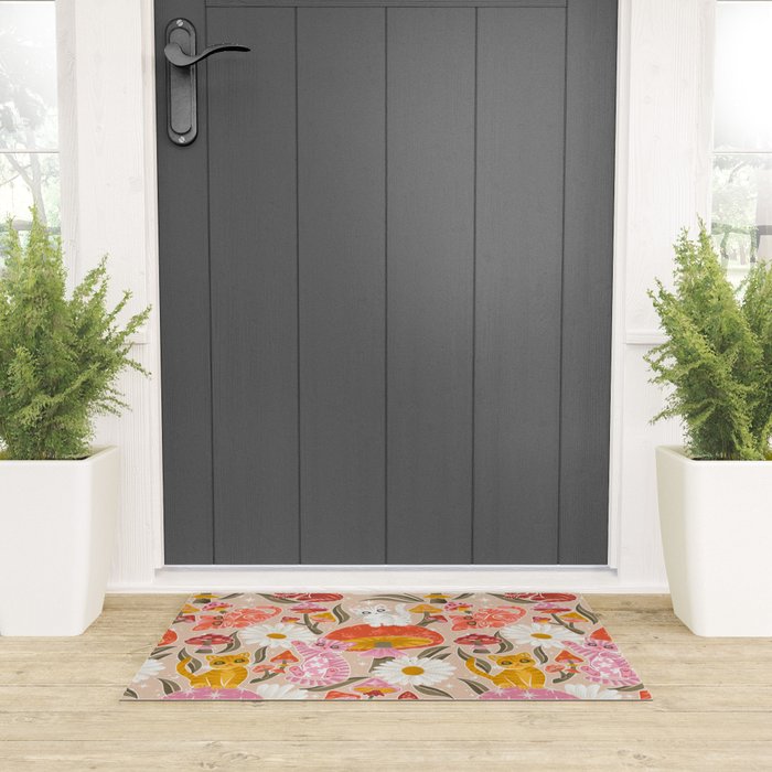 Kittens & Shrooms - Pink & Coral on Cream Welcome Mat Gallery Image 3