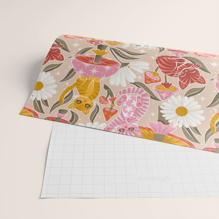 Kittens & Shrooms - Pink & Coral on Cream Wrapping Paper Gallery Image 2