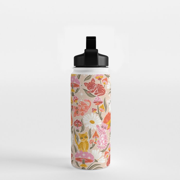 Kittens & Shrooms - Pink & Coral on Cream Water Bottle Gallery Image 2