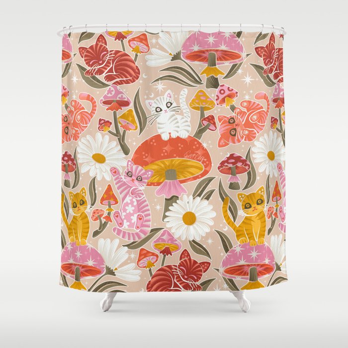 Kittens & Shrooms - Pink & Coral on Cream Shower Curtain Gallery Image 1
