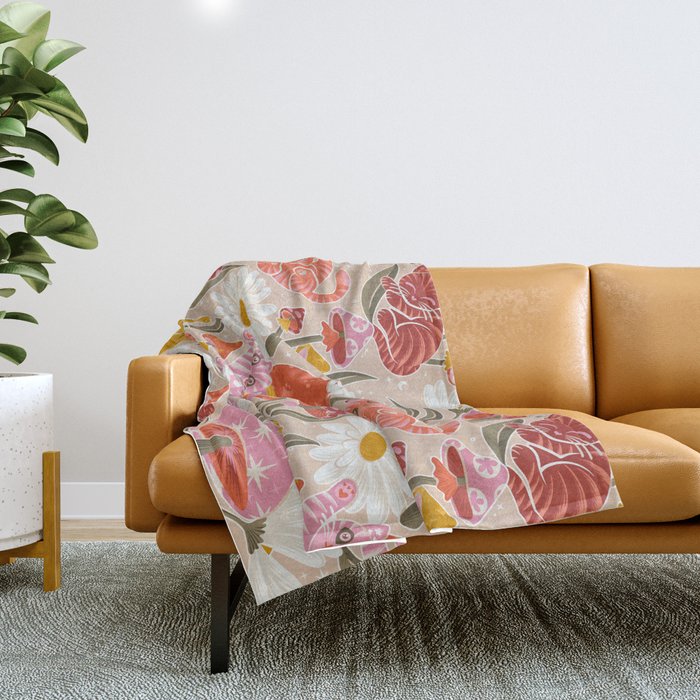 Kittens & Shrooms - Pink & Coral on Cream Throw Blanket Gallery Image 1